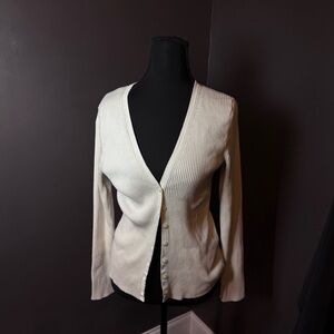 Banana Republic Ribbed V-Neck Cardigan | Cream Button Front Sweater | Size M